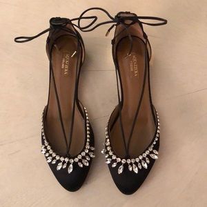 Aquazzura Black Satin & Crystal Embellished Flat